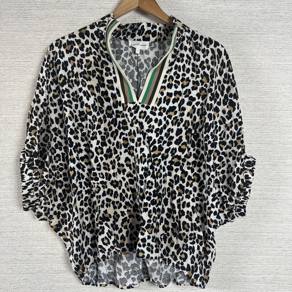 Entro Leopard Print Blouse Womens M Boho V Neck Tunic Top Flowy Animal